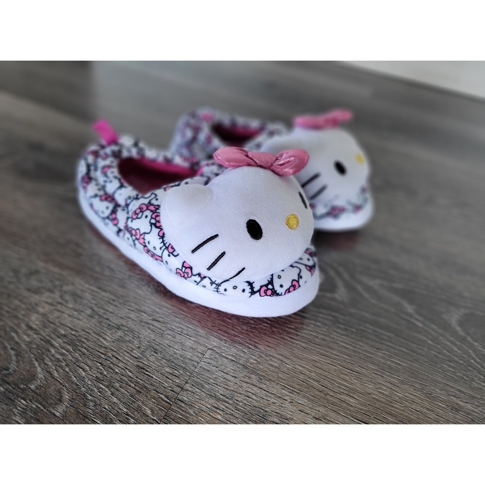 Hello Kitty Slippers Toddler Girls Size 11-12 White Pink Bow Plush Cozy #4‎